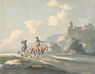 Compositie: twee reizigers en een hond op een weg langs huisjes, met ruïnes op een heuvel