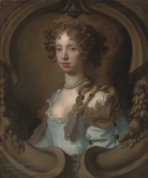 Portret van Lady Frances Norcliffe (1654-1731), borstlengte, in een lichtblauwe jurk met een parelsluiting, in een gebeeldhouwde cartouche (olieverf op doek)