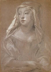 Portret van een jonge dame, traditioneel geïdentificeerd als Sarah Jennings, hertogin van Marlborough, halflang, met een boek, haar handen gekruist op haar schoot, haar hoofddoek gedrapeerd op haar schouders, 1667