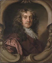 Portret van een heer, halflang, in een bruine jas en Mechelse kanten cravat, in een gebeeldhouwde cartouche (olieverf op doek)