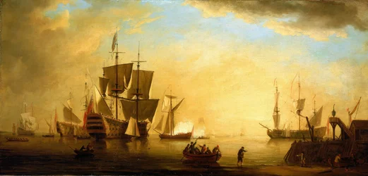 Een Brits gebouw met andere aangemeerde schepen, bij schemering. Olie op doek, begin 18e eeuw, door Peter Monamy (1681-1749).