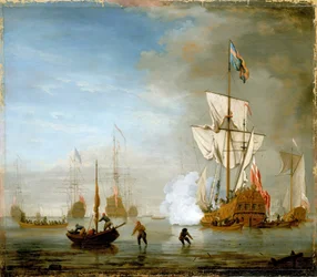 Het zeilschip heeft twee masten en een platform, geïdentificeerd als de 