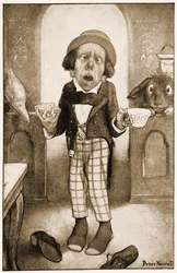 Ik ben een arme man, Majesteit, begon de Hoedenmaker, met een trillende stem, illustratie voor Lewis Carrolls Alice