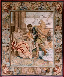 Vlaamse wandtapijt. Serie Geschiedenis van de consul Decius Mus. Mars verschijnt aan Rhea Silvia (Aparición de Marte a Rea Silvia). Achtste wandtapijt in de serie. Model P P Rubens. Fabriek Jan Raes II, Brussel. Ca1620-1629. Stof Goud, zilver, zijde en wol
