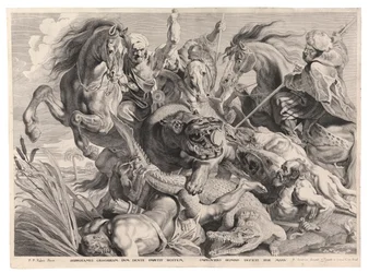De jacht op het nijlpaard en de krokodil (gravure)