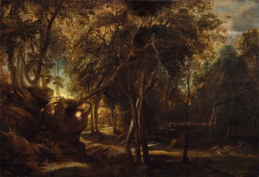 Een bos bij zonsopgang met een hertenjacht