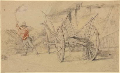 Een man dorst naast een wagen, boerderijgebouwen erachter