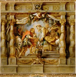 Abrahan biedt tienden aan aan priester-koning Melchizedek van Salem (schilderij op hout)