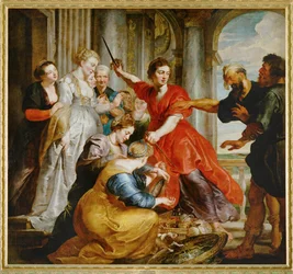 Achilles ontdekt door Odysseus tussen de dochters van Lykomedes op Skyros (schilderij op doek)