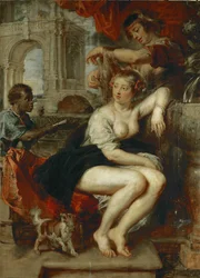 Bathseba bij de put, een jongen brengt de brief van koning David (schilderij op eikenhout)