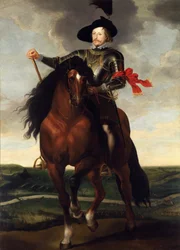 Ruiterportret van kroonprins Wladyslaw Vasa met de Slag bij Khotyn op de achtergrond