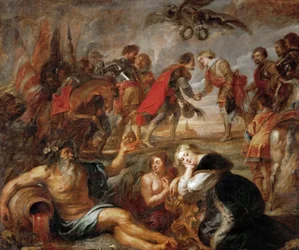 De ontmoeting tussen Ferdinand III van Habsburg en kardinaal-infant Ferdinand van Oostenrijk voor de slag bij Nördlingen