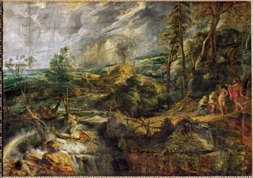 Landschap in een onweersbui met Philemon en Baucis, Jupiter en Mercurius, ca. 1620 (olieverf op hout)
