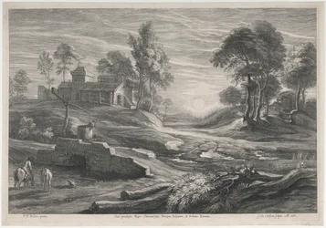 Landschap met zonsondergang en twee boerderijen