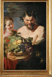 Maenaden en sater met fruitmand (schilderij op doek)