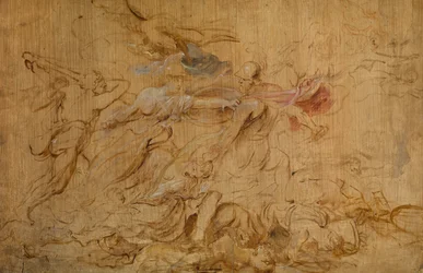 Minerva en Hercules houden Mars in bedwang (olieverf op paneel)