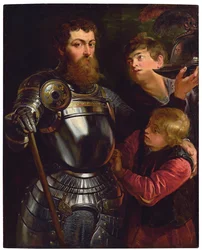 Portret van een commandant, driekwart lengte, gekleed voor de strijd
