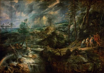 Stormachtig landschap met Filemon en Baucis