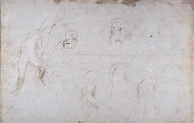 Studies van een mannelijk figuur vastgebonden aan een boom en van twee mannelijke hoofden, c.1601