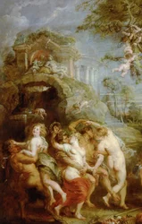 Het feest van Venus Verticordia (Detail van schilderij: bacchanaals tafereel met nimfen en saters)