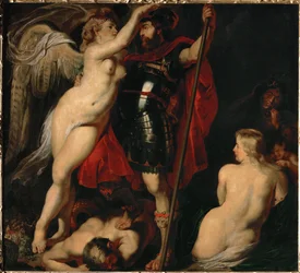 De Held van de Deugd, Mars, gekroond door de Godin van de Overwinning (schilderij op doek)