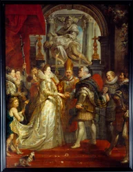 Het huwelijk bij volmacht van Maria De Medici (Marie de Medicis) (1573-1642) en Hendrik IV in Florence op 5/10/1600. Schilderij door Pierre Paul Rubens (1577-1640). 17e eeuw
