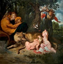 De wolvin zoogt Romulus en Remus
