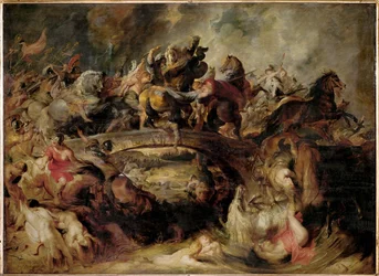 Theseus, koning van Athene, vecht tegen Talestris (schilderij op eikenhout)