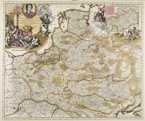 Frideric Augustus neef Augustus Polon. Litouws. Borus. Pomer. koningen hertogen prinsen Saksen. Utr. hertogen S. Imp. elect. haec imperii sui regna D.D.D. P. Schenkius sculpt. regius Amstelodami exc. prope forum