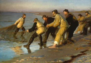 Vissers trekken netten op het strand van Skagen