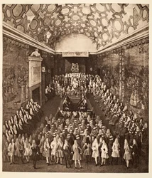 Koningin Anne in het Hogerhuis, gepubliceerd in 1902 (collotype)