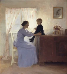 Een moeder en kind in een interieur