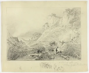 Figuren en paardenkar in landschap met kliffen