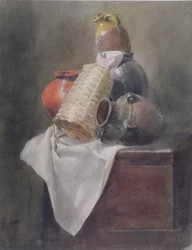 Stilleven: Potten, Mand en Doek op een Kist