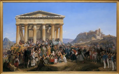 De intocht van koning Othon I van Griekenland (1815-1876) in Athene, verwelkomd door de menigte voor de tempel van Hephaistos (Hephaisteion) of Theseion op de Agora (Griekenland)