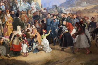 De intocht van koning Othon I van Griekenland in Athene, verwelkomd door de menigte voor de tempel van Hephaistos