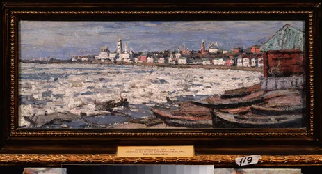 Het drijven van het ijs op de Wolga, nabij Jaroslavl. Werk van Pyotr Ivanovich Petrovichev