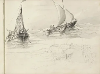 Twee zeilschepen met figuren op zee