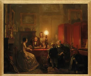 Een familie verzameld rond een verlichte tafel, 1854