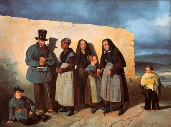 De armen van het San Bernardino (Sint Bernardus) hospice in Madrid warmen zich in de zon