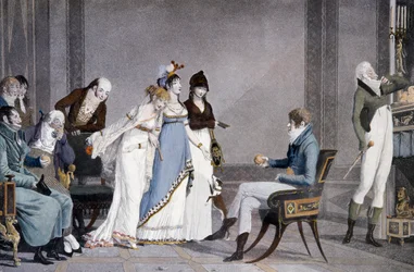 De sinaasappel, door Louis-Philibert Debucourt, scène met Etruskisch geïnspireerd Directoire-meubilair, Frankrijk