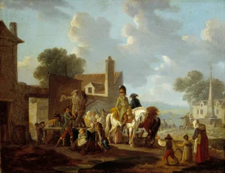 Dorpelingen en ruiters kijken naar de pantomime