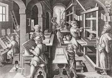Een Europese drukkerij circa 1590 (gravure)