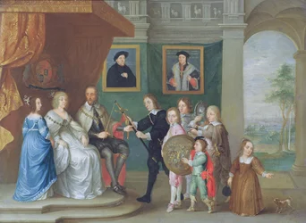 Thomas Howard, 14e Graaf van Arundel wordt door zijn kinderen voorzien van wapens ter gelegenheid van zijn benoeming om het leger tegen Schotland te leiden in 1639