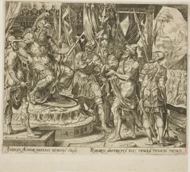 Achior pleit bij Holofernes voor de Israëlieten, plaat één uit Het verhaal van Judith en Holofernes