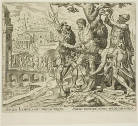 De Israëlieten vinden Achior vastgebonden aan een boom, plaat twee uit Het verhaal van Judith en Holofernes
