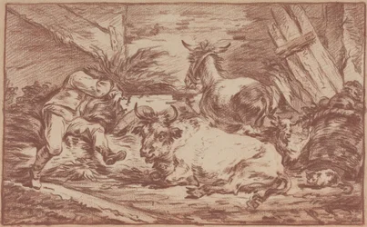 Dieren in een stal (rood krijt op gelegd papier)