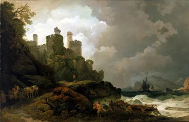 Een vissersboot aan land getrokken, nabij Conwy Castle (Wales). Olie op doek, rond 1800, door Philippe-Jacques de Loutherbourg