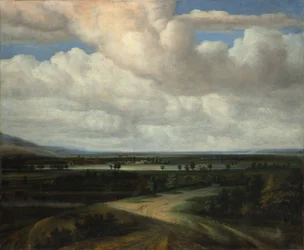 Een panoramisch landschap met een landgoed, ca. 1649