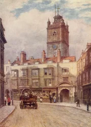 Toren van Church of St Giles, Cripplegate, en oude huizen in Fore Street, 1884